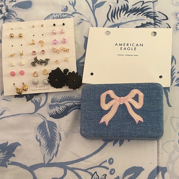 American Eagle Outfitters Accessories - American Eagle Outfitters Denim Jewelry Box with Pink Embroidery + Earrings